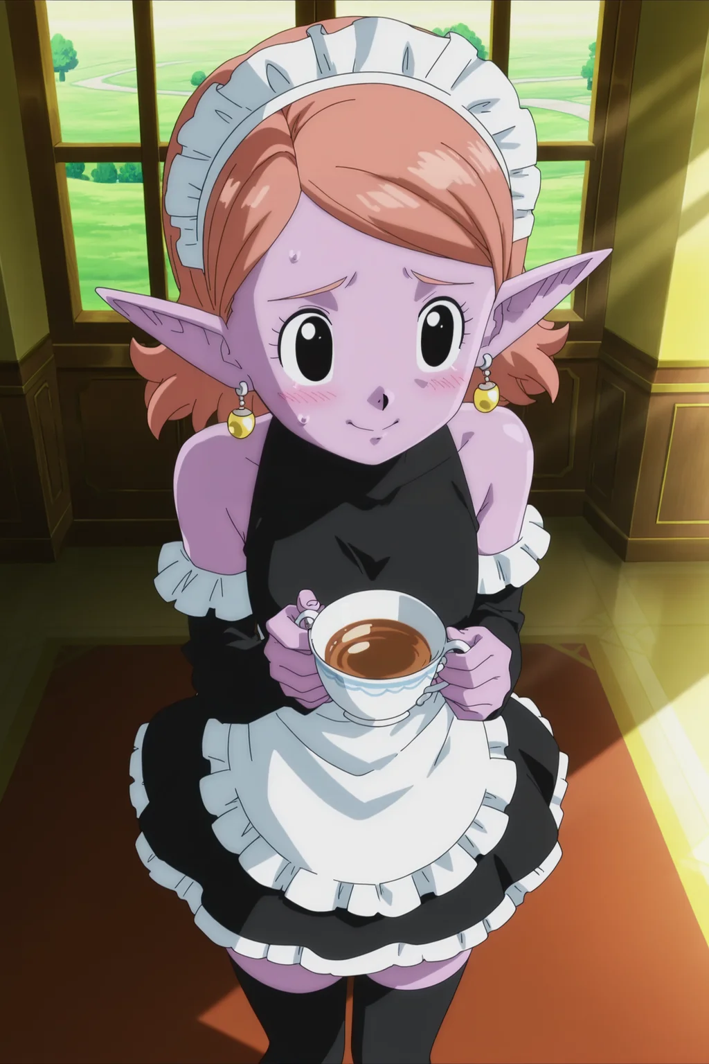 anime screencap, masterpiece, best quality, amazing quality, very aesthetic, absurdres,  newest, (scenery, volumetric lighting),
chronoa, 1girl, solo, bare shoulders, potara earrings, orange hair, pointy ears, black eyes, colored skin, purple skin, official style, maid headdress, maid, thighhighs, nervous, happy, indoors, mansion, holding cup, teacup, from above, shy,  dappled sunlight, short hair,
<lora:Chronoa_IL:0.8>