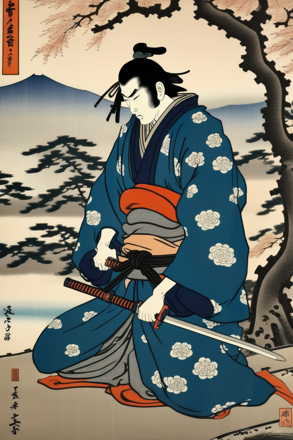 <lora:Ukiyo-e Art:1>Ukiyo-e Art - a noble samurai contemplating his sword in a serene setting. Ukiyo-e