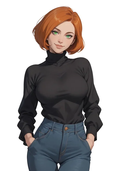 score_9, score_8_up, score_8, score_7_up, score_7, Expressiveh, cowboy shot
BREAK
1girl, solo, annpossible, orange hair, short hair, green eyes, large breasts, looking at viewer, head tilt, seductive look, aroused, horny, standing, black turtleneck sweater, blue jeans, hands in pocket, light smile
BREAK
white background