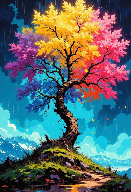 Backlight, Raindow vibrant theme, abstract anime paint art of a beautiful tree , vibrant colors, Makato shinkai anime style, translucent, by Jesper Ejsing, by RHADS, Makoto Shinkai,CAICO