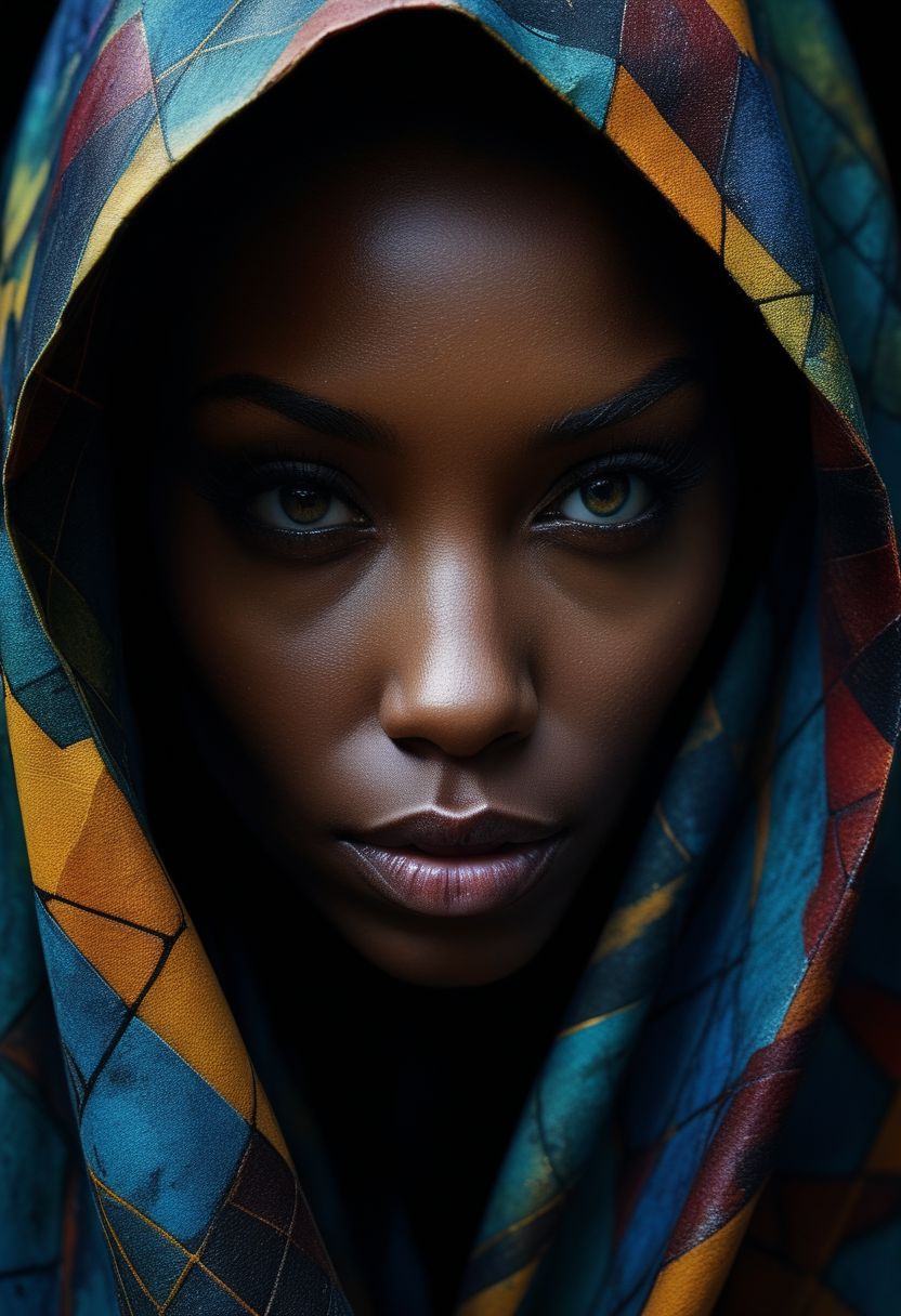 Close-up face, mysterious silhouette of an exotic coloured woman in worn down cape, goddess, alluring, by Minjae Lee, Carne Griffiths, Emily Kell, Steve McCurry, Geoffroy Thoorens, Aaron Horkey, Jordan Grimmer, Greg Rutkowski, amazing depth, double exposure, surreal, geometric patterns, intricately detailed, bokeh,  perfect balanced, deep fine borders, artistic photorealism , smooth,  great masterwork by Suiras  <lora:add-detail-xl:2>  <lora:Double_Exposure:0.5>