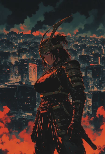 futuristic armor, in a dark futuristic style, Ronin, 1girl, large breasts, battle-hardened warrior, scars, battle worn, she wears battered armor, katanas, dual katanas, Thick smoke swirls around her, creating an atmosphere of mystery and tension, In the distance, a neon city can be seen on the horizon, illuminating the dark night and adding a futuristic contrast to its image,