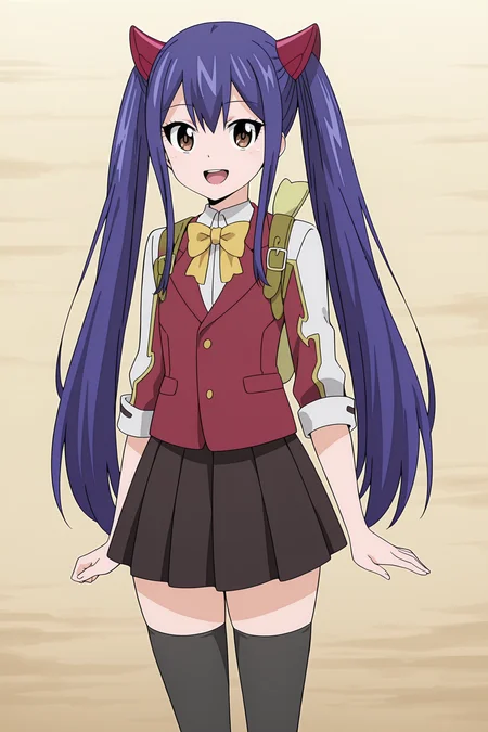 anime coloring, anime screencap, masterpiece, best quality, amazing quality,
<lora:3-in-1_Lucy_Heartfilia_Erza_Scarlet_Wendy_Marvell_Fairy_Tail:1>
Wendy's initial appearance (outfit), Wendy Marvell (character), 1girl, solo, twintails, thighhighs, brown eyes, skirt, long hair, bag, bow, black thighhighs, blue hair, backpack, pleated skirt, hair ornament, looking at viewer, mouth open, smile, :D, cowboy shot