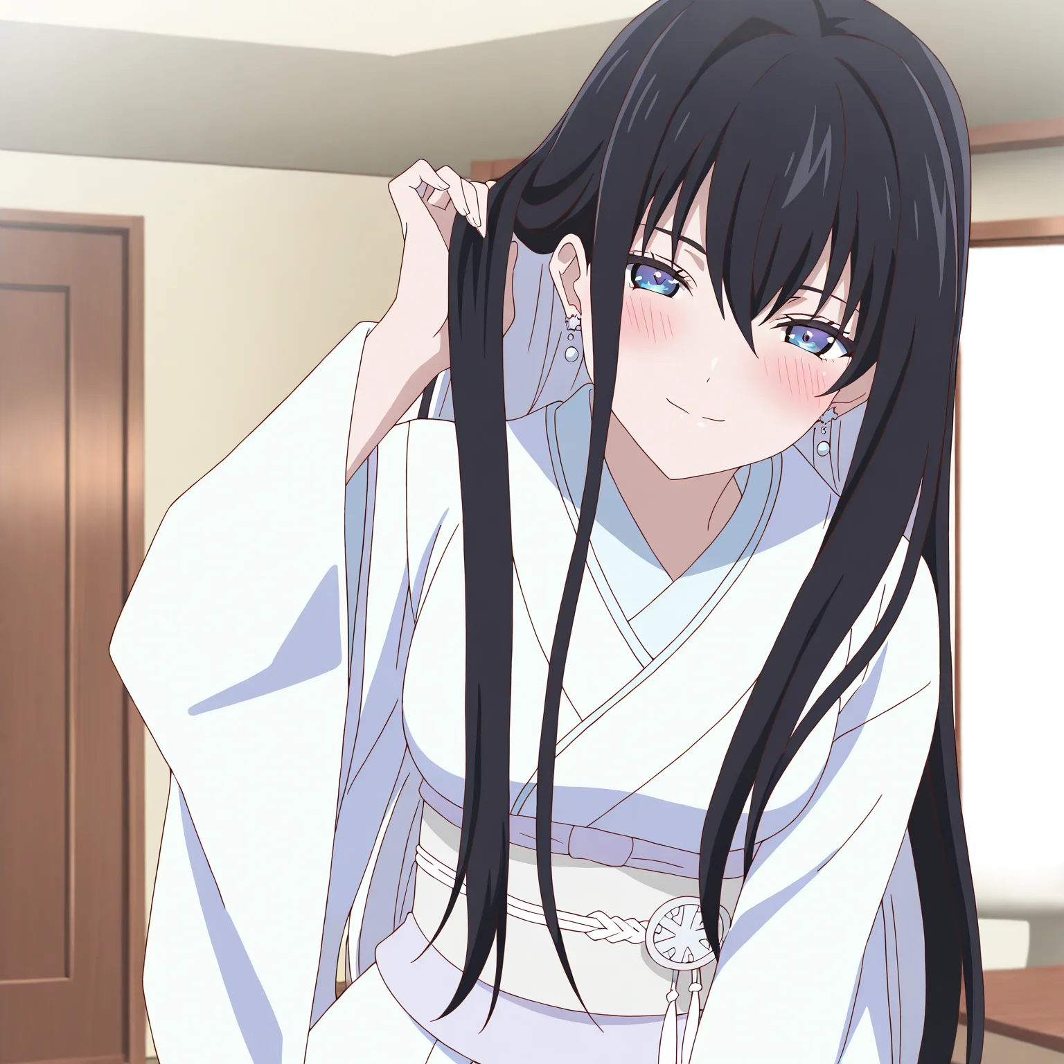 <lora:Yuki onna2-000018:0.7>Yuki onna,solo,looking at viewer,blush,white kimono,seductive smile,living room,hair tucking,