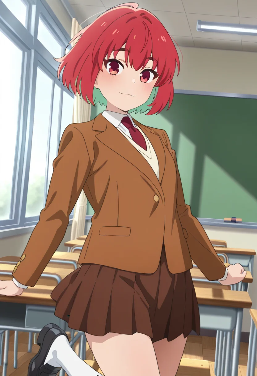 masterpiece,best quality,absurdres,perfect lighting,classroom,
*//*,<lora:HealerGirl_KanaFujii-Illustrious:1>,kana_fujii,1girl,solo,red hair,short hair,colored inner hair,red eyes,school uniform,blazer,brown jacket,long sleeves,red necktie,white shirt,collared shirt,brown skirt,pleated skirt,white socks,shoes,black footwear,loafers,
*//*,looking at viewer,cowboy shot,dutch angle,dynamic pose,light smile,