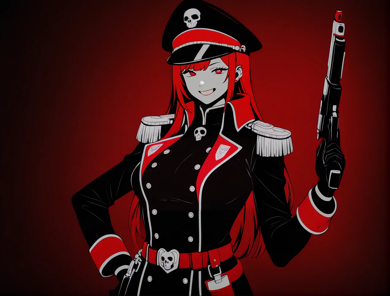 limited color palette,lineart,vector,red theme,dark theme,1girl, solo, breasts, looking at viewer, magenta eyes,Marin Kitagawa, 
edgCommissar,  looking at viewer,  gloves, long sleeves, closed mouth, jacket,  belt, uniform, coat, black jacket, hand on hip,  black headwear, smile, epaulettes, black coat ,wearing edgCommissar,skull emblem,millitary uniform,hat,teeth,handgun,holding weapon,
 <lora:edgIllustriousXLCommissar-000004:1>
 <lora:edgIllustriousXL_Flatstylelr:1>