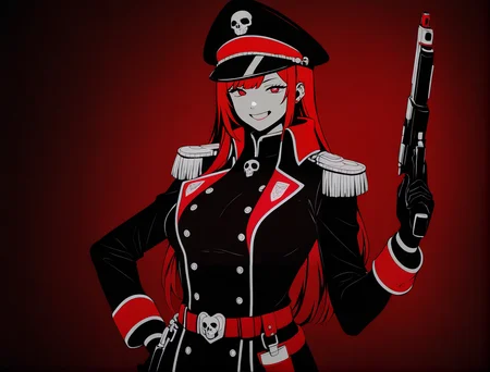 limited color palette,lineart,vector,red theme,dark theme,1girl, solo, breasts, looking at viewer, magenta eyes,Marin Kitagawa,
edgCommissar, looking at viewer, gloves, long sleeves, closed mouth, jacket, belt, uniform, coat, black jacket, hand on hip, black headwear, smile, epaulettes, black coat ,wearing edgCommissar,skull emblem,millitary uniform,hat,teeth,handgun,holding weapon,
<lora:edgIllustriousXLCommissar-000004:1>
<lora:edgIllustriousXL_Flatstylelr:1>