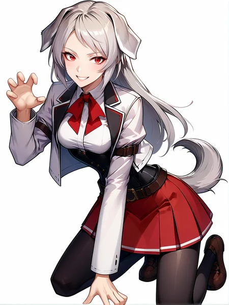 score_9, score_8_up, score_7_up, source_anime
1girl, solo,
pursena adoldia, red eyes, long hair, (grey hai, dog ears, grey dog ears,,dog tail, short tail
red skirt, black corset, (white shirt), white jacket, red ribbon, bow, black pantyhose, belt, smile, happy
white background, kneeling, brown shoes, black pantyhose
medium breasts,
claw pose, fingernails
<lora:Expressive_H:0.2> <lora:housechores-guy-PONYv1:0.4> <lora:pursena 0.1:1>
