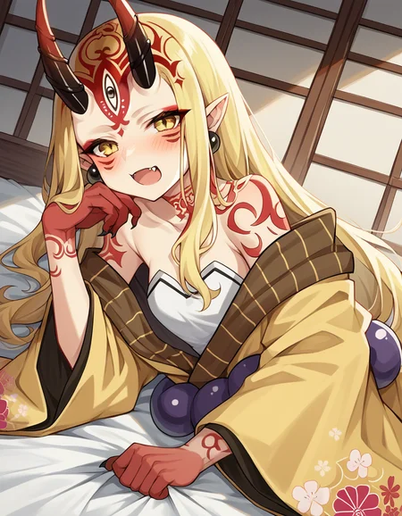 score_9, score_8_up, score_7_up, source_anime, <lora:fgo-ibaraki-douji-ponyxl-lora-nochekaiser:1>, ibaraki douji, blonde hair, facial mark, fang, forehead, horns, long hair, oni, oni horns, pointy ears, yellow eyes,, earrings, japanese clothes, jewelry, kimono, leg tattoo, neck tattoo, oni, oni horns, shoulder tattoo, tattoo, yellow kimono,, indoors, bed, bed room, on side, blush, drunk,, , looking at viewer, arm resting on table, solo,, cowboy shot, dutch angle