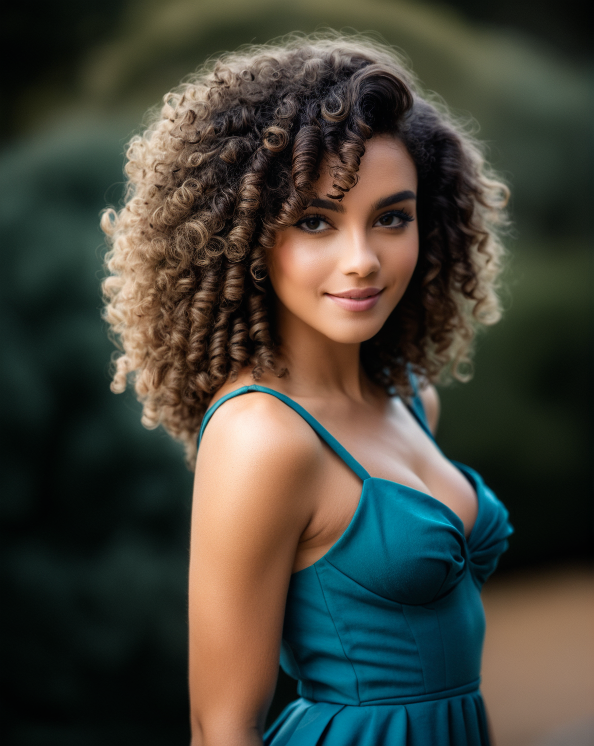 beautiful woman with curly hair. She has a radiant smile and expressive eyes. Her curly hair is voluminous, cascading around her face and shoulders in natural waves. She is wearing a stylish dress that complements her figure, and her makeup is elegant and enhances her features. The background is softly blurred, highlighting her as the focal point, with a hint of natural scenery, perhaps a garden or park, adding to the serene and enchanting atmosphere.