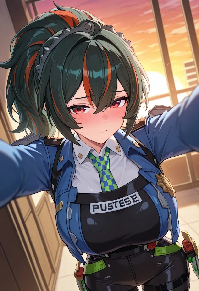 Masterpiece, ultra-detailed, best quality, 8K, illustration, absolutely eye-catching,
1girl, solo, zhu yuan, ponytail, red eyes charming visual, police uniform, blue jacket, cropped jacket, open jacket, long sleeves, black gloves, black vest, white shirt, collared shirt, checkered necktie, black pants, tight pants, high-waist pants, cute, large breasts, indoor, sunset, In police office, blushing, shy, kabedon on viewer