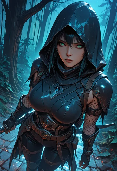 (masterpiece), (best quality), (ultra-detailed), 1girl, unique face, female ninja assassin, emerging from deep shadows, dramatic lighting, dark fabric and layered leather armor, hooded cloak, traditional ninja gear, sleeveless, fishnets under clothing, large breasts, slashed clothing, beautiful girl, detailed face, katana in hand, waist-up view, tense and silent movement, low pose, cinematic lighting from above, rain-slick stone walls, misty air, subtle fog, textured cloth, leather straps, Cocky and confident demeanor, looking at viewer, ancient forest temple, night, at night, semi-realistic style, moody atmosphere, dramatic foreshortening, action shot, dynamic angle, unique angle,