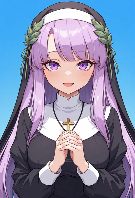 1girl,solo,cute,
liliel, long hair, straight hair, purple hair, purple eyes, pale skin,hair ornament, leaf hair ornament, side bangs, waist-length hair, soft hair,nun outfit, long dress, collar, cross necklace, long sleeves, modest clothing, red and gray color scheme
smile, open mouth, hands clasped, gentle expression
looking at viewer,portrait
Simple blue background,(soft focus:1.3),
masterpiece, amazing quality, best quality, ultra-detailed, 8K, illustration, CG, shiny hair, clear skin, ultra-detailed-eyes, eyelashes, highly detailed,