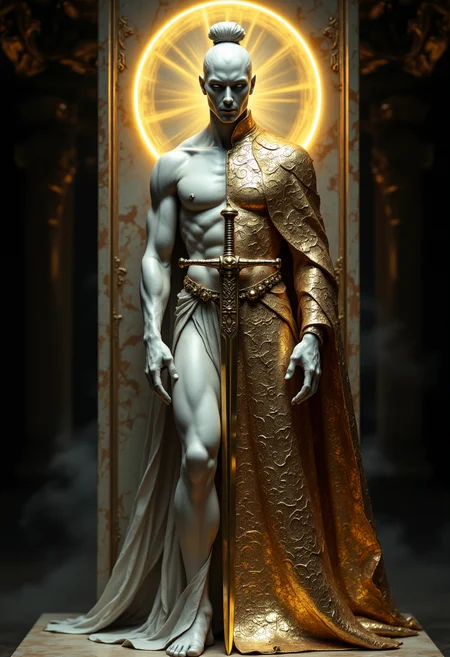aidmafluxpro1.1,
In this unique and visually striking photograph, we see a majestic figure of a Chinese ancient chivalrous swordsman emerging from the shadows. The figure stands at the intersection of classical and modern art, embodying the essence of both Alphonse Mucha's intricate Art Nouveau style and Gustav Klimt's opulent decorative techniques.
The photograph is shot from an unconventional angle, capturing the swordsman from a low vantage point, looking up at him. This perspective emphasizes his towering presence and regal demeanor. His body is partially carved out of marble, specifically on the left side, showcasing meticulous detailing in its smooth surface and flowing lines reminiscent of Mucha’s elegant and graceful designs.
On the right side, where the figure's form continues, the original material appears to be a richly textured metallic alloy, perhaps bronze or gold, with Klimt-inspired golden accents. The metallic surface is adorned with intricate patterns and filigree work, creating a dazzling contrast between the smooth marble and the detailed metal.
The background is a blend of deep shadows and bursts of light, enhancing the dramatic effect. A soft, golden halo surrounds his head, adding an ethereal glow that enhances the mystical aura of the swordsman. The overall composition is a harmonious blend of traditional Eastern chivalry and Western art movements, creating a masterpiece that transcends time and medium.
The photograph itself captures this magical transition seamlessly, with the marble side exuding timeless elegance and the metallic side gleaming with contemporary opulence. This unique perspective not only highlights the figure's striking appearance but also invites the viewer to delve into the rich narrative of his ancient yet modern chivalry.