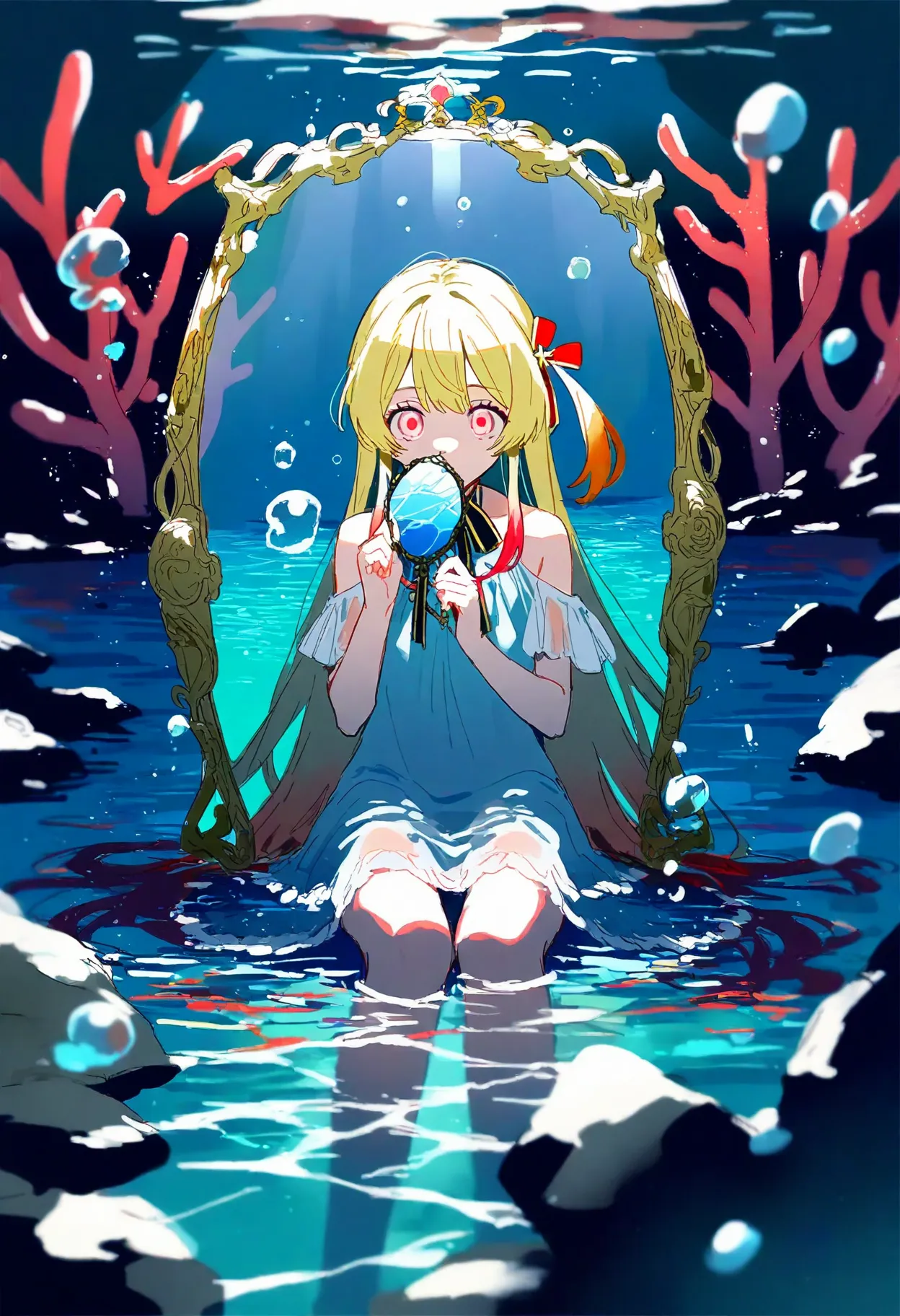 1girl, otonose kanade, long flowing blonde platinum hair, hair over shoulder, gentle red eyes, kind eyes, soft gaze, alternate uniform, blankets, aquatic dress, red aquatic dress, translucent flowing fabric, angelic dress, bare shoulders, underwater, very deep ocean, pitch black underwater, almost no light, surrounded by broken mirror shards, reflecting almost no light, holding a shard of broken mirror, looking at reflection, minimal bubbles, sparse coral, dark deep sea coral, ocean floor, abyssal ruins, best quality, amazing quality, very aesthetic, absurdres, extremely dim light, very subtle light particles, light and shadow, deep shadows, contour_deepening, depth of field, very muted colors, semirealistic, (very vibrant colors:0.5), very high contrast, sketch, vivid colors, (saturated:0.8), colorful, very high colorfulness, deep blue hues, submerged, pressure, cold atmosphere, extremely dark atmosphere, night atmosphere, very dark, abstract, sensitive, very detailed, pixiv_hq, sensitive