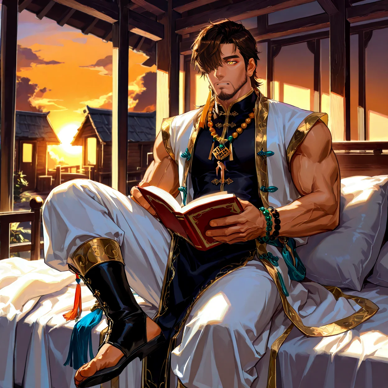 (sitting on a bed, sunset, backlight, orange sky, indoor, wooden house, bed sheet, pillow, reading a book)
<lora:Chao__Alchemist_Code-000003:.7>,tagatamechao, 1boy, dark brown hair, middle hair, see-through eye, hair over one eye, yellow eyes, eyeliner, solo, male focus, manly, mature male, bara, muscle body, robe, tangzhuang, no sleeves, gold trim, necklace, bracelet, tassel, pants, toeless footwear,
cowboy shot,
(very short hair, beard, bara, mature, facial hair, stubble, beard, full beard, sideburn, beard, a lot of beard, ), facial hair,male focus, muscular male, muscular male, bara, mature, bara, mature, aixiwuganda_(20222192), very awa, masterpiece, best quality, absurdres, newest, perfect quality, detailed background, intricate details,
<lora:slider_Body Type_alpha1.0_rank4_noxattn_last:3><lora:Anime Summer Days 2 Style SDXL_LoRA_Pony Diffusion V6 XL:.6><lora:slider_cfg_scale_boost:.7><lora:Artist6p:.55>, Artist6p, Artist04p,<lora:slider_il_brightness_slider_d1:-1><lora:slider_il_contrast_slider_d1:-1><lora:slider_DarkSlider1.2_alpha1.0_rank16_full_300steps:-.6><lora:slider_contract_controller_illus01_v1:.5>,