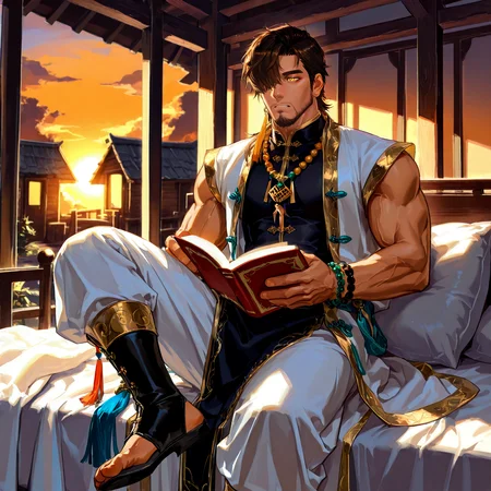 (sitting on a bed, sunset, backlight, orange sky, indoor, wooden house, bed sheet, pillow, reading a book)
<lora:Chao__Alchemist_Code-000003:.7>,tagatamechao, 1boy, dark brown hair, middle hair, see-through eye, hair over one eye, yellow eyes, eyeliner, solo, male focus, manly, mature male, bara, muscle body, robe, tangzhuang, no sleeves, gold trim, necklace, bracelet, tassel, pants, toeless footwear,
cowboy shot, 
(very short hair, beard, bara, mature, facial hair, stubble, beard, full beard, sideburn, beard, a lot of beard, ), facial hair,male focus, muscular male, muscular male, bara, mature,  bara, mature, aixiwuganda_(20222192), very awa, masterpiece, best quality, absurdres, newest, perfect quality, detailed background, intricate details,
<lora:slider_Body Type_alpha1.0_rank4_noxattn_last:3><lora:Anime Summer Days 2 Style SDXL_LoRA_Pony Diffusion V6 XL:.6><lora:slider_cfg_scale_boost:.7><lora:Artist6p:.55>, Artist6p, Artist04p,<lora:slider_il_brightness_slider_d1:-1><lora:slider_il_contrast_slider_d1:-1><lora:slider_DarkSlider1.2_alpha1.0_rank16_full_300steps:-.6><lora:slider_contract_controller_illus01_v1:.5>,