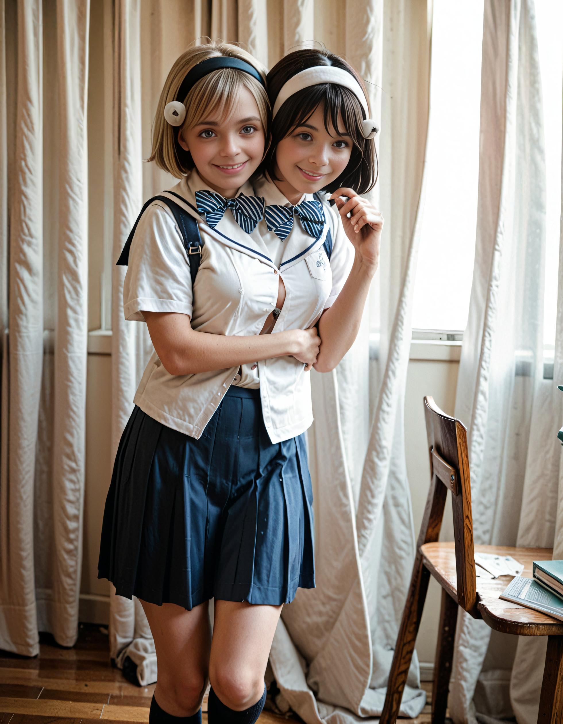 score_9, score_8_up, score_7_up, score_6_up, raw photo, source_realistic,natsufuyu, skirt, hairband, short hair, blush, smile, school uniform, curtains, breasts, pleated skirt, socks,  <lora:natsufuyu-pxl:1>,