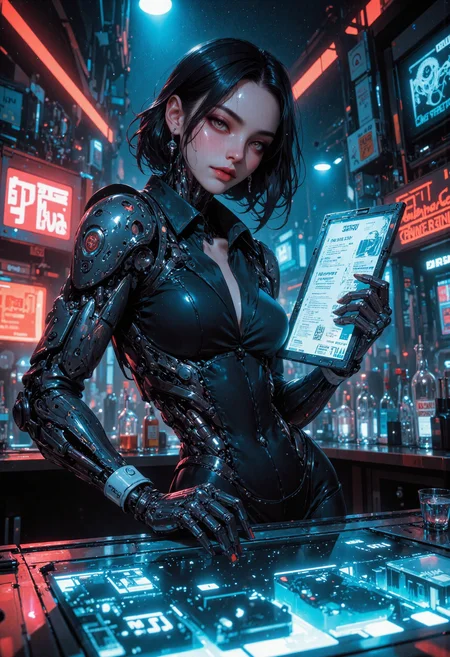 masterpiece, high-quality, A sultry waitress with a half-human, half-android appearance stands at the center of a glowing, futuristic bar, her metallic limbs glinting under the shifting neon lights. Her sleek, fitted uniform hugs her figure, with translucent panels revealing faintly glowing circuits beneath her synthetic skin. She leans forward slightly, her luminous eyes fixed on the viewer with a teasing smile, as one hand rests confidently on her hip. The camera captures her from a medium-low angle, framing the intricate details of the holographic menu projected from her wrist and the bustling, surreal ambiance of the hyperdetailed bar filled with floating glassware and swirling light trails, <lora:FLUX\Anime v1.3:0.5> <lora:FLUX\FluxMythAn1meL1nes:0.6> <lora:FLUX\Midjourney_-_SemiReal_Dreams_FLUX_LoRA:0.5> <lora:FLUX\CPA:0.5> <lora:FLUX\DarksunRiddV4:0.4>