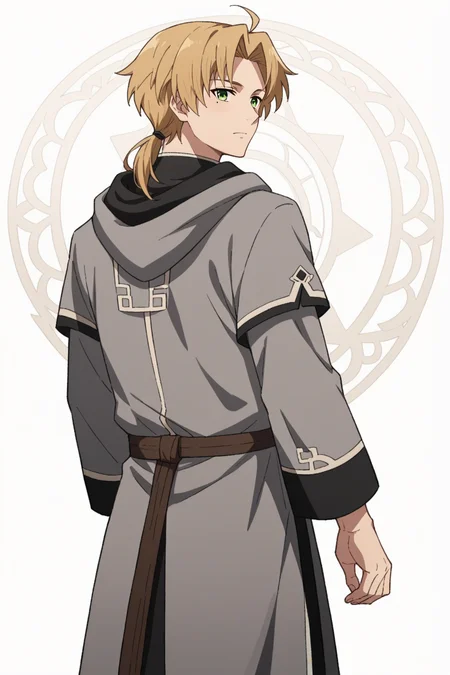 score_9, score_8_up, score_7_up, source_anime, 1boy, prefect lighting, very aesthetic, intricate details, highly detailed background, masterpiece, high quality, prefect hands, best quality, solo,
<lora:Rudeus_Greyrat_Mushoku_Tensei_V1:.95>, KJOrudy, parted bangs, blonde hair, green eyes, small ponytail, low ponytail, ahoge, mole under eye,
full body, from back, looking back,
grey robe, hood down, metal chest pin, long sleeves, brown boots,
white background, simple background,