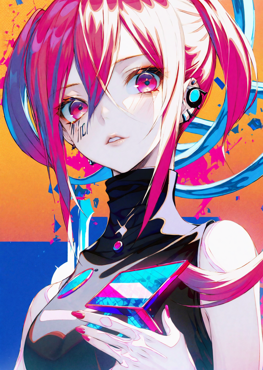 by wanke
, by poire
beautiful girl, age 19, hotpink hair, 
  parted lips, long hair, twintails, hair between eyes, looking at viewer, bangs, 
, turtleneck, upper body,   sleeveless,
 piercing pink eyes
 masterpiece, best quality, high quality, highres, absurdres, very detailed, high resolution, sharp, sharp image, 8k, vivid, colorful, stunning, anime, aesthetic