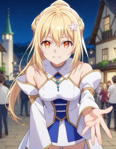 score_9, score_8_up, score_7_up, source_anime, BREAK
1girl, blurry background, looking at viewer, cowboy shot, simple background, isekai, indoors, headtilt, happy, crowd, fantasy world, night, leaning forward, giving hand, guild, reaching towards viewer, 15th century,
lena floria (hazure skill kinomi master), long hair, blonde hair, braid, ponytail, hair flower, sidelocks, hair between eyes, orange eyes,
knight outfit, white dress, jewelry, off shoulder, detached sleeves,
<lora:lena_floria-hazure_skill_kinomi_masteri_s1_v3-anime-soralz:1>