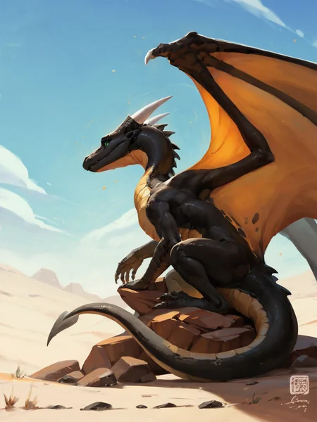 black dragon, green eyes, wings, tail, sitting on a rock, desert, sky, nature, no humans, solo,<lora:Kan_Liu666KXL:0.8>, BREAK score_9, score_8_up, score_7_up, score_6_up, score_5_up, score_4_up