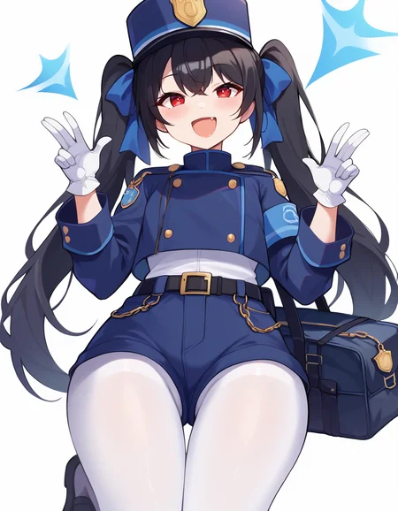 score_9, score_8_up, score_7_up, BREAK ,rating_explicit,
nozocloth, 1girl, gloves, solo, white gloves, hat, twintails, black hair, fang, pantyhose, shorts, red eyes, bag, white background, white pantyhose, uniform, simple background, smile, blue headwear, hair ribbon, skin fang, ribbon, blue shorts, open mouth, long hair, belt, looking at viewer, armband, alternate costume, jacket, police uniform, police, long sleeves, blue jacket
 <lora:hikari nozomi cosplay XL CAME:1>