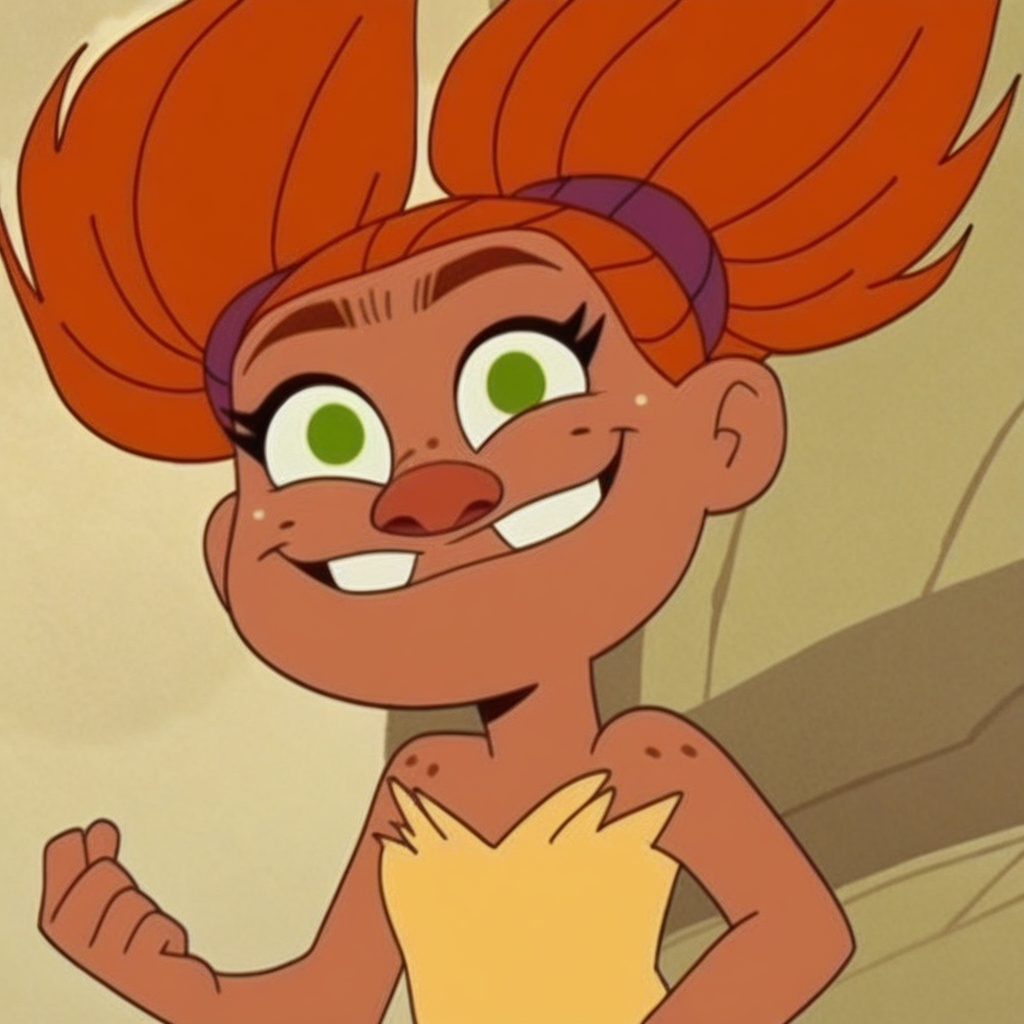 score_9, solo, sandycrood, orange hair, twin tails, dark skin, green eyes, freckles, upper body focus, smile