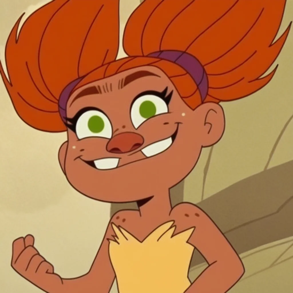 score_9, solo, sandycrood, orange hair, twin tails, dark skin, green eyes, freckles, upper body focus, smile