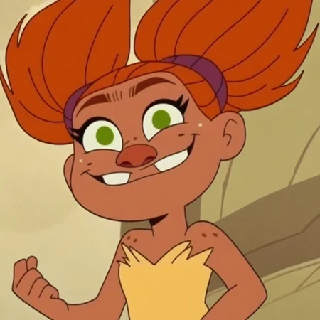 score_9, solo, sandycrood, orange hair, twin tails, dark skin, green eyes, freckles, upper body focus, smile