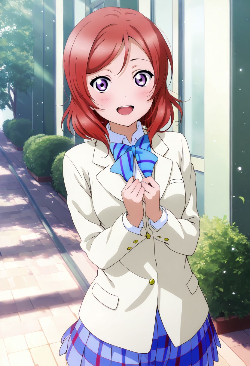 masterpiece, best quality, solo, 1girl, aged up, happy, 
maki_nishikino, short hair, purple eyes, red hair, skirt, jacket, blazer, winter uniform, otonokizaka school uniform, happy, standing,