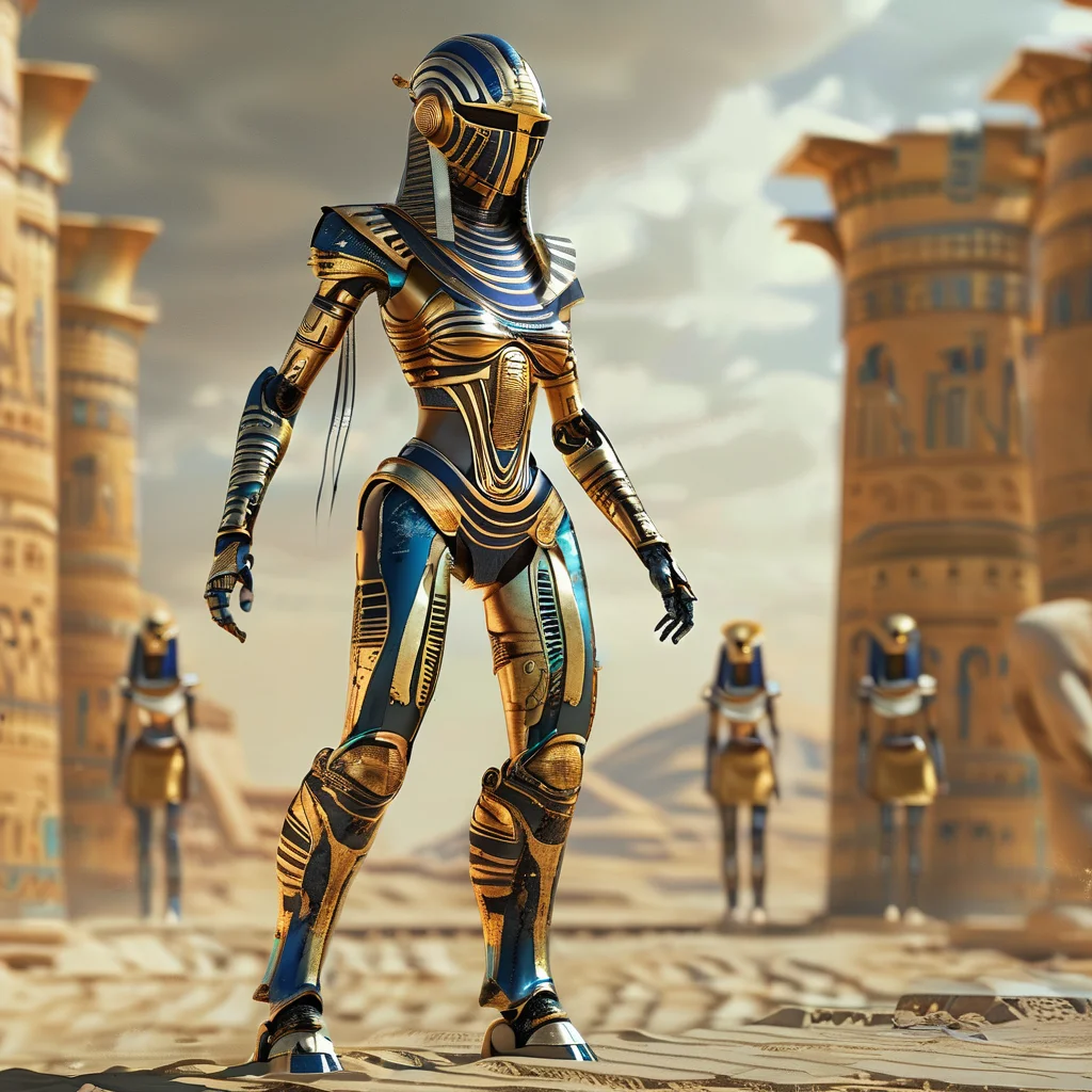 pharaotech robot fight in the arena of ancient city<lora:pharaotech:1>