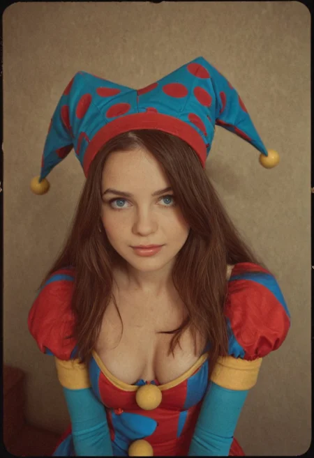 analog film photo <lora:Coll-PomniXL:1> 1girl, blue eyes, blue gloves, coll-pomni, gloves, hat, jester cap, long hair, looking at viewer, puffy short sleeves, puffy sleeves, solo . faded film, desaturated, 35mm photo, grainy, vignette, vintage, Kodachrome, Lomography, stained, highly detailed, found footage