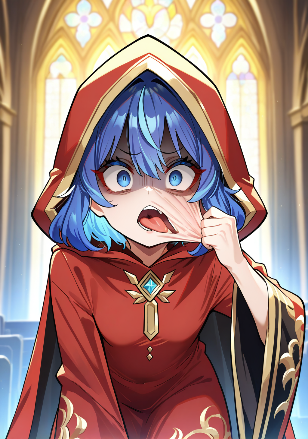 ,masterpiece, best quality, absurdres, perfect lighting,shiny skin,<lora:spo_sdxl_10ep_4k-data_lora_webui:0.7>,1girl,shukusei_lo, blue eyes, blue hair,short hair, <lora:Voiceless Voice:0.8>,hood,wide sleeves, red dress, long sleeves, cloak,church,blurry background,crazy eyes,open mouth,tongue,skinsuit, girl costume, deflated, wrinkled, pulling face, <lora:Skinsuitç®ã¢ã_Concept:1>