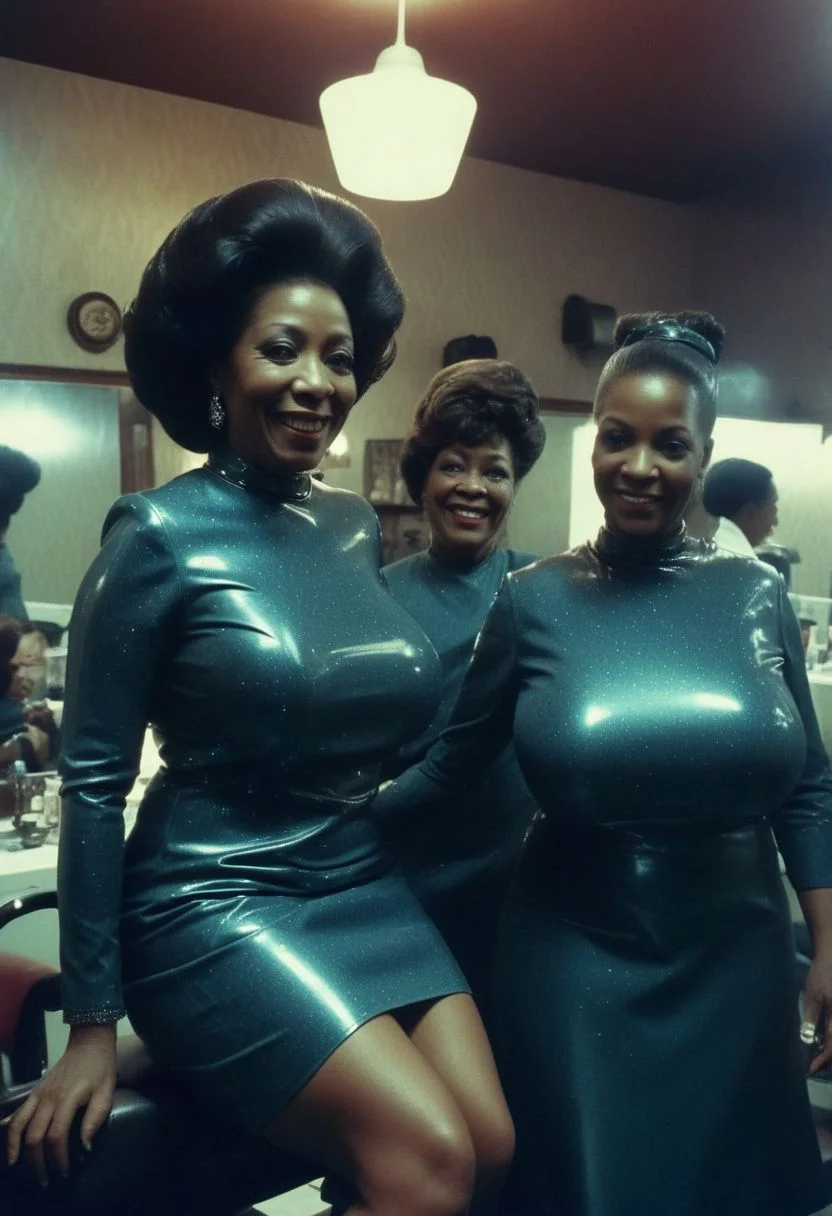 (a group of african american MILF women 60yo, grandmother ) ((happy:1.3) in Dark Sci-Fi..(1970s (dimly lit l(hair salon)),
faded film, desaturated, 35mm photo, grainy, vignette, vintage, Kodachrome, Lomography, stained, highly detailed, found footage
(petite:1.8) (massive breasts:1.2) (very high heels) (fully clothed business dress:1.9)
(dark areola, (large nipples: 1.59)(large areola: 1.55) (elongated nipples: 1.29) (thick thighs:1.6)
BREAK (evil: smile1.5)