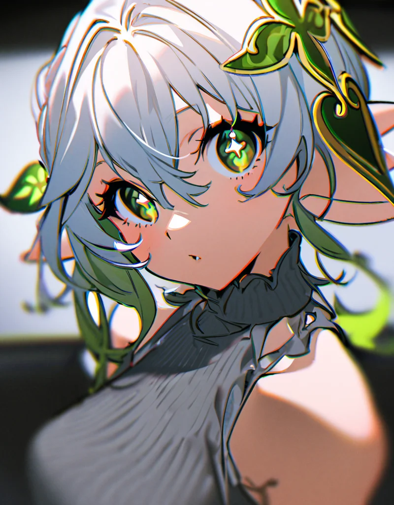 masterpiece, best quality, <lora:yoneyama-a31:1>,yoneyama mai,1girl, solo, looking at viewer, upper body, blurry,chromatic aberration,grey shirt,sleeveless, painting \(medium\), nahida \(genshin impact\),