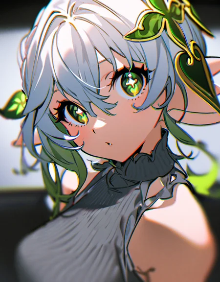 masterpiece, best quality, <lora:yoneyama-a31:1>,yoneyama mai,1girl, solo, looking at viewer, upper body, blurry,chromatic aberration,grey shirt,sleeveless, painting \(medium\), nahida \(genshin impact\),