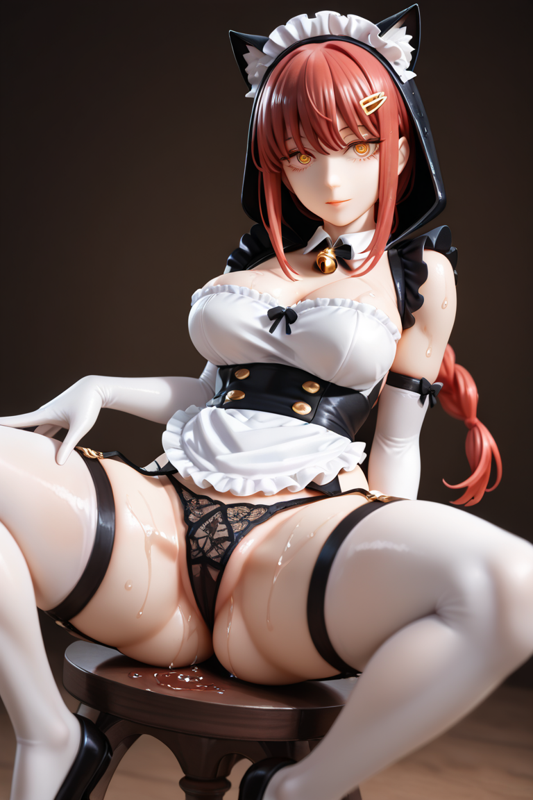 Beautiful girl, Makima \(Electric Chainsaw Man\), (Legs width:1.3), Black lace panties, Wet skin, (Bottom:1.2), Private maid, BREAK
Very long hair, Cat ears, Maid hood, Hair clip, Neck bell, Bow, Maid apron, White gloves, Elbow gloves, Garter belts, White stockings