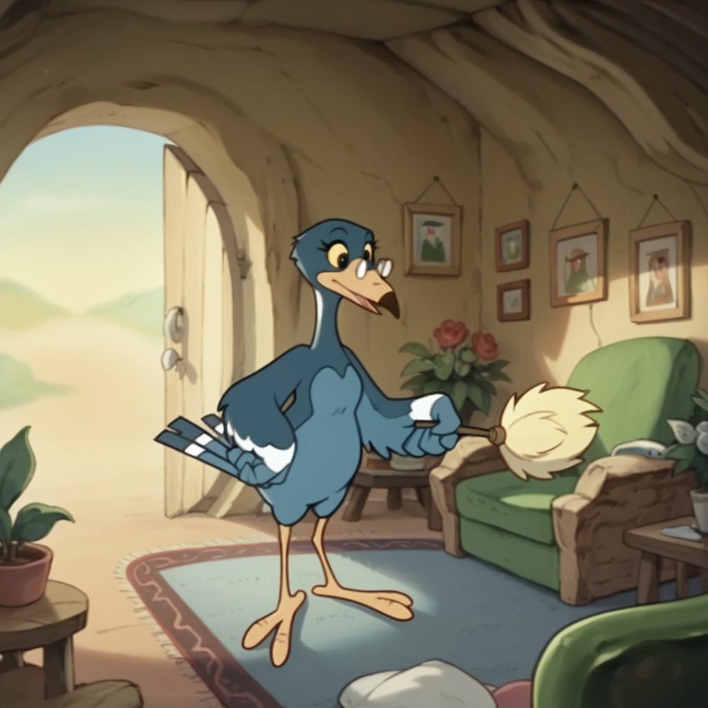 score_9, score_8_up, score_7_up, score_6_up, score_5_up, score_4_up, source_furry, Magpiebbv2, semi-anthro, female, bird, blue feathers, yellow beak,  glasses, black eyes, yellow sclera, standing, inside, cleaning