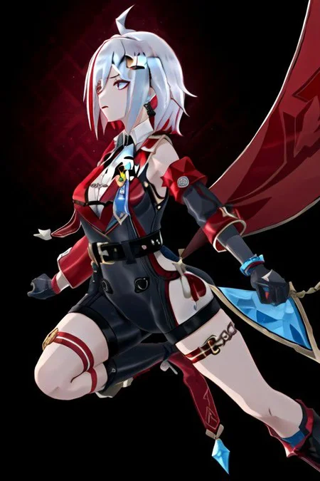 topaz \(honkai: star rail\), black gloves, thigh strap, knee boots, hair ornament, unitard, detached sleeves, badge, side cape, sleeveless shirt, belt