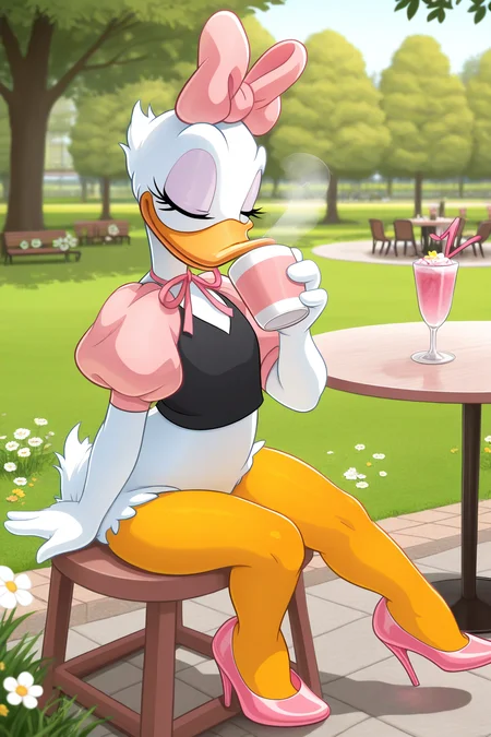 masterpiece, best quality, amazing quality, absurdres, daisyduck, solo, uncensored, sitting, closed mouth, drinking, holding cup, relaxing, closed eyes, white plumage, white feathers, orange legs, pink ribbon, puffy sleeves, short pink sleeves, black shirt, pink stiletto heels, outdoors, cafe, park, grass, flowers