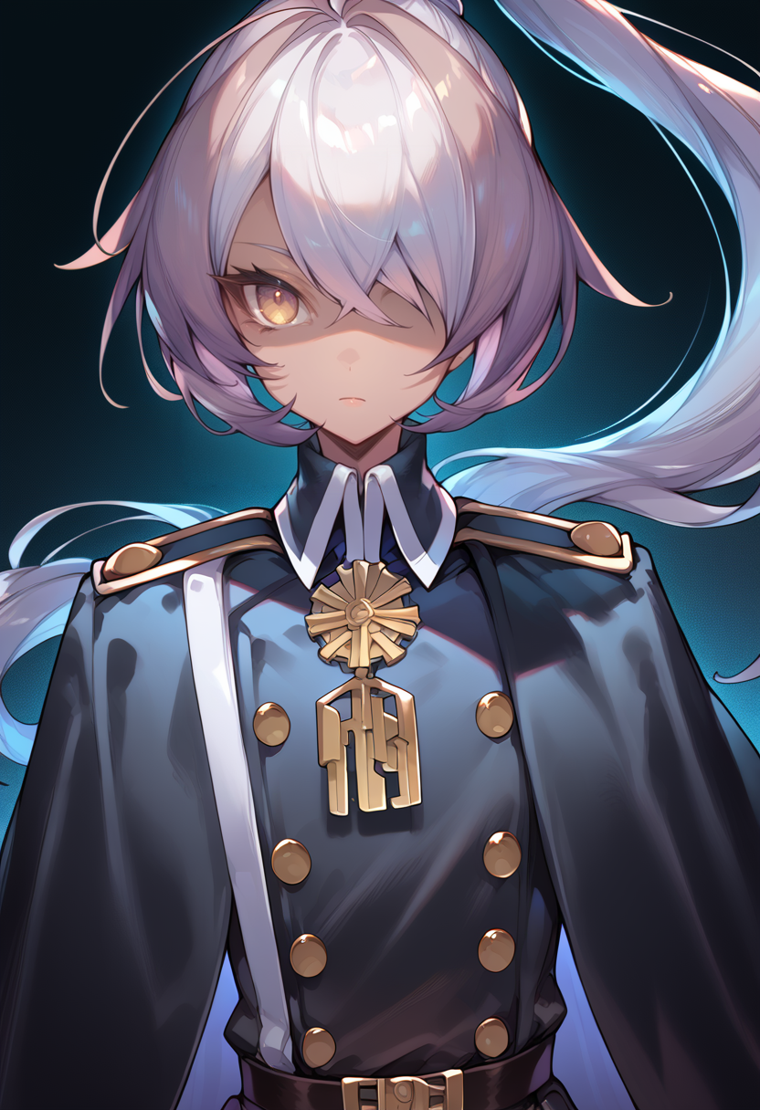 (score_9:0.9),score_8_up,score_7_up,anime style,rating_safe,(zPDXL),<lora:Sky striker ace - azalea ponyXL v2:0.83>,sky striker ace - azalea,black military uniform,solo,medal,looking at viewer,upper body,1girl,halftone,ahoge,closed mouth,black cape,black single shoulder cape,(shaded face),