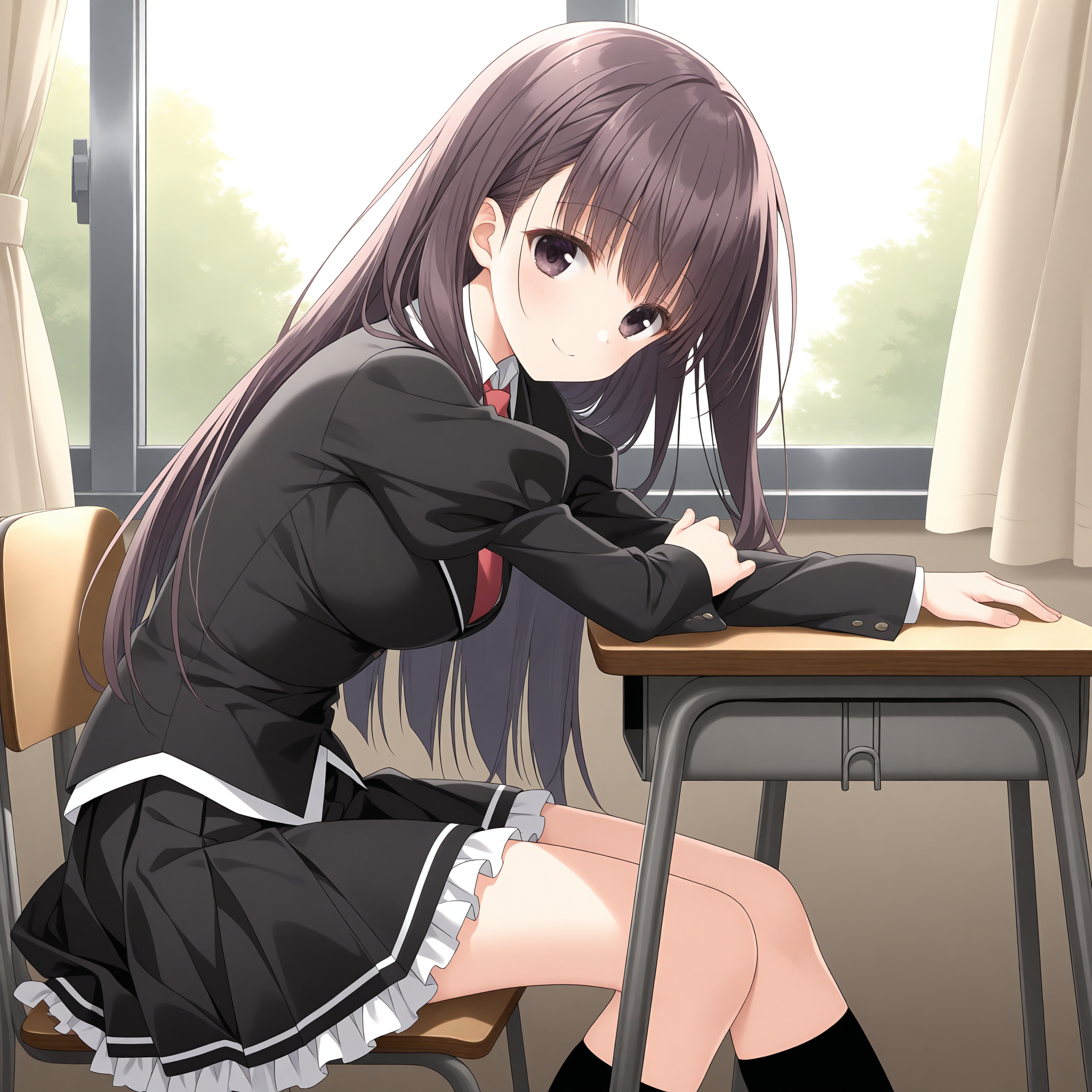 <lora:Kuriyama_Natsuko_1_nai-000034:1>,Kuriyama Natsuko,
school uniform,black socks,puffy sleeves,long sleeves,red necktie,black skirt,juliet sleeves,white shirt,black jacket,frilled skirt,collared shirt,pleated skirt,
1girl,solo,looking at viewer,sitting,from side,arm support,on chair,desk,indoors,window,curtains,day,arm on table,smile,