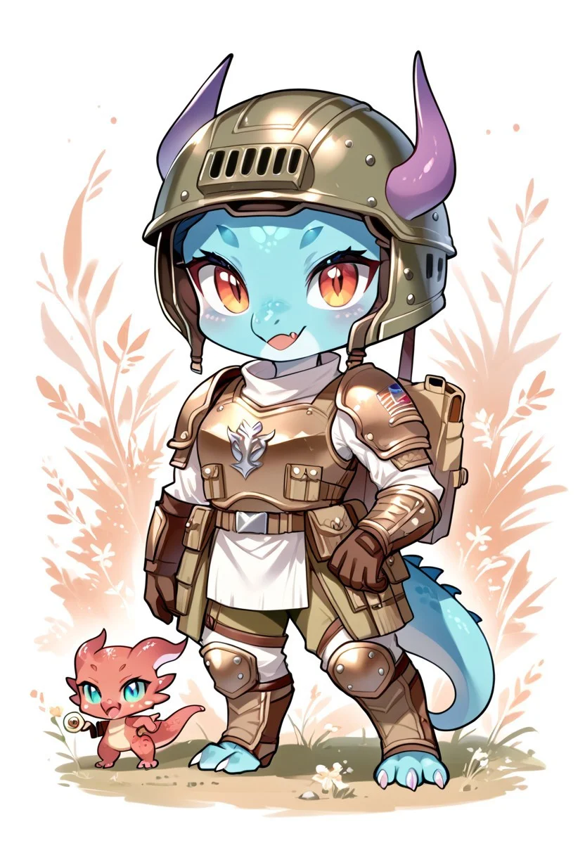 score_9, score_8_up, score_7_up, source_cartoon, cute chibi kobold, chibi body, body armor, combat gloves, combat helmet, looking at viewer, SomSom Style