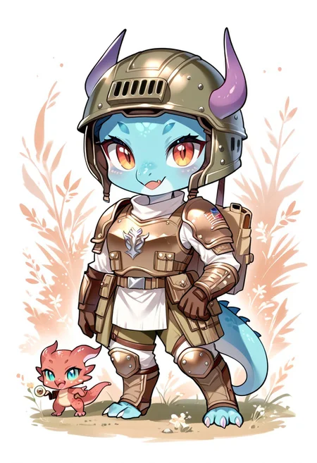 score_9, score_8_up, score_7_up, source_cartoon, cute chibi kobold, chibi body, body armor, combat gloves, combat helmet, looking at viewer, SomSom Style