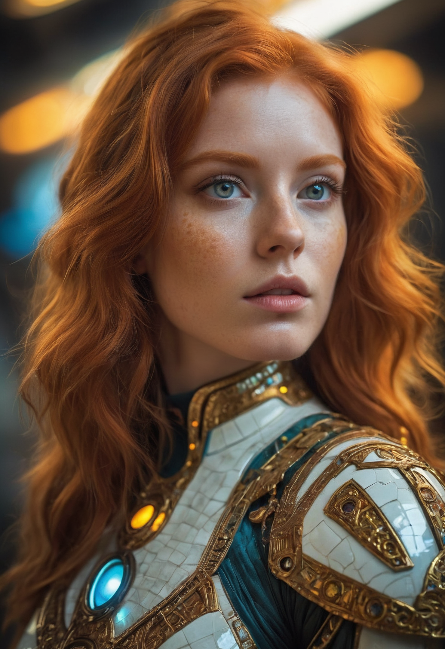 RAW Photograph, closeup of a beautiful ginger woman who lives in a vast galactic empire in a distant future, stunning eyes that pierce your soul, wearing elegant clothing with luminescent detailing, curvy and sexy, colorful, highly detailed skin with visible pores, she holds secret knowledge about the fundamental nature of reality, specular highlights, future technology, cosmic motif, minimalist composition, insane intricate detail, award winning art, raytracing, sharp focus, 8k, hdr, masterpiece, photography, dslr, kodachrome, 35mm photograph, analog film, professional, highly detailed