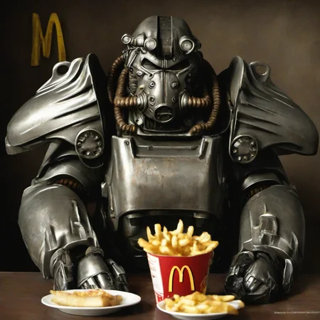 masterpice,high quaity,portrait,
<lora:PE_PowerArmor:1> PEPowerArmor,
inside mcdonalds,eating french fries,