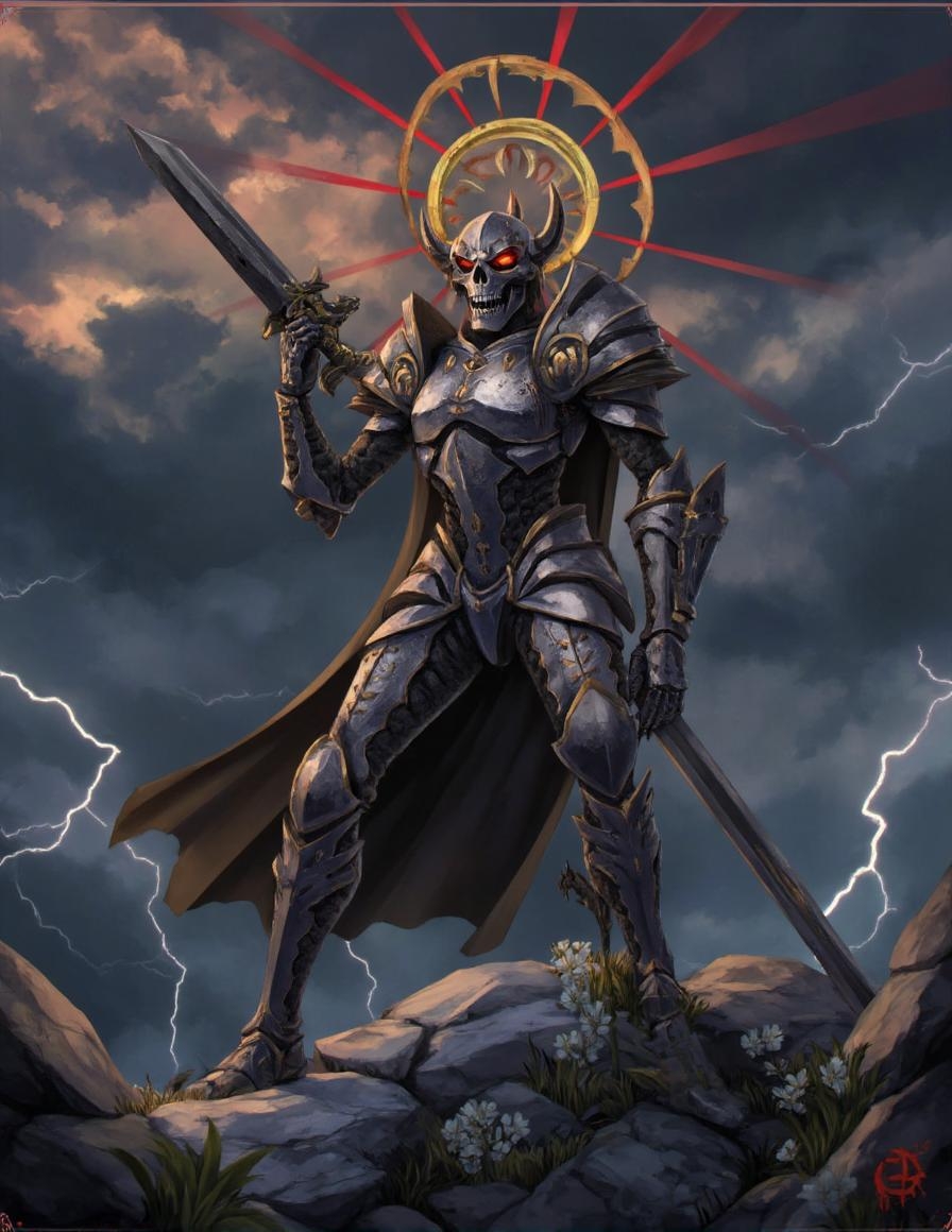 <lora:ck-LttleGhost-000011.safetensors:1> in the style of ck-lttlegh0stIn a tumultuous, cloudy sky with jagged lightning bolts, an armored Reaper skeleton stands resolutely, its body encased in metallic grey armor adorned with intricate designs. A golden halo surrounds its skull, casting red rays over the scene. In one hand it wields a long, ornate sword, while small white flowers bloom at its feet amidst rocky terrain. The image blends gothic horror and celestial majesty.