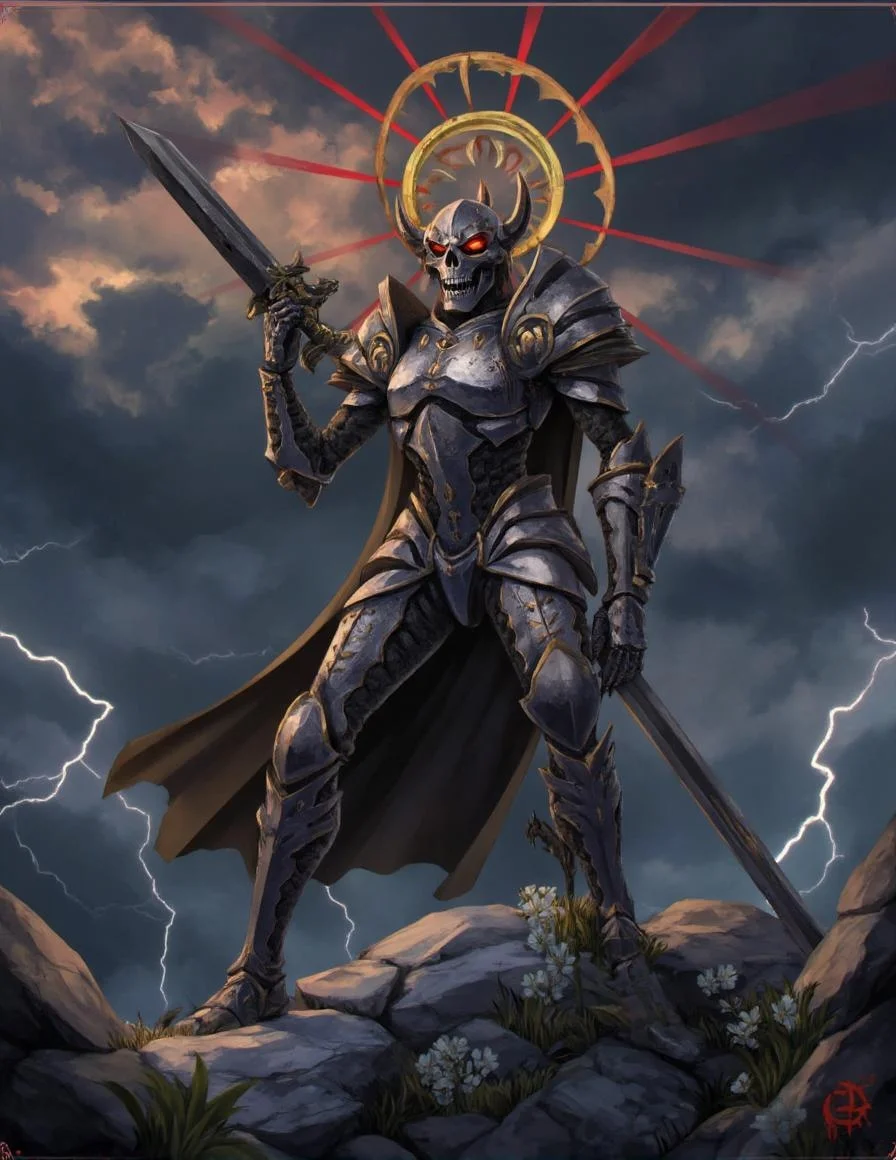 <lora:ck-LttleGhost-000011.safetensors:1> in the style of ck-lttlegh0stIn a tumultuous, cloudy sky with jagged lightning bolts, an armored Reaper skeleton stands resolutely, its body encased in metallic grey armor adorned with intricate designs. A golden halo surrounds its skull, casting red rays over the scene. In one hand it wields a long, ornate sword, while small white flowers bloom at its feet amidst rocky terrain. The image blends gothic horror and celestial majesty.